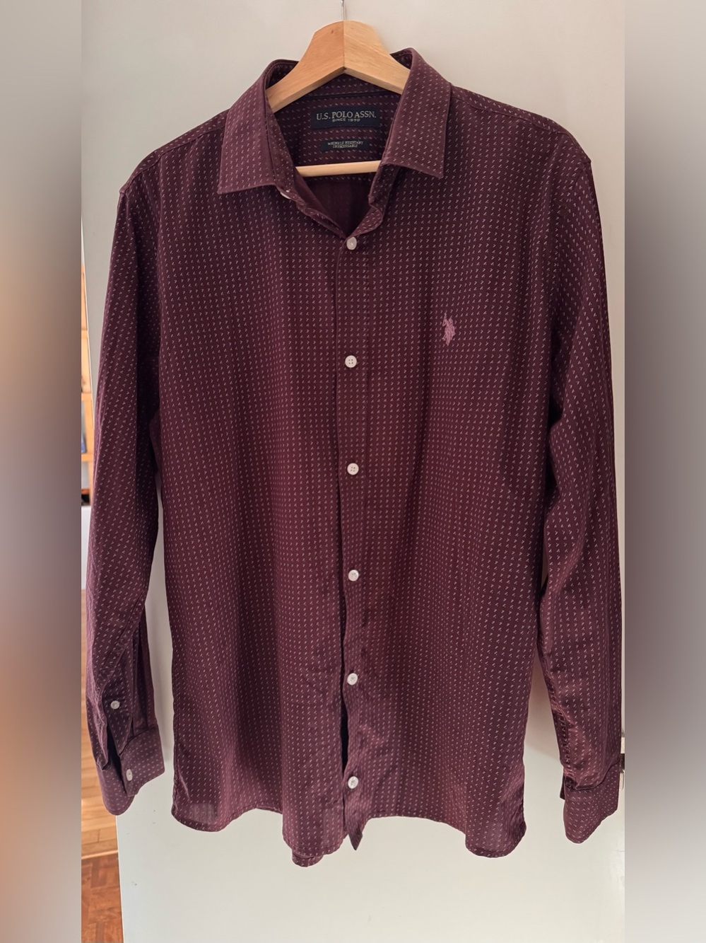 U.S. Polo Assn. Burgundy Brown Wrinkle-Resistant Micro Print Shirt L-XL